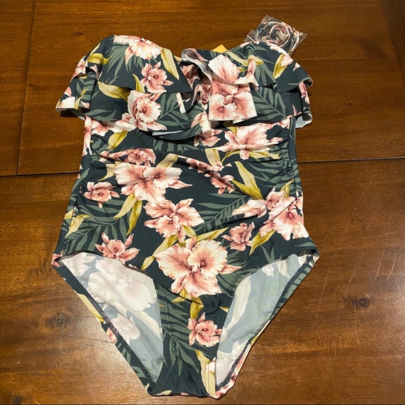 Kona Sol Bandeau Flounce 1 Pc Swimsuit Floral - Picture 3 of 8